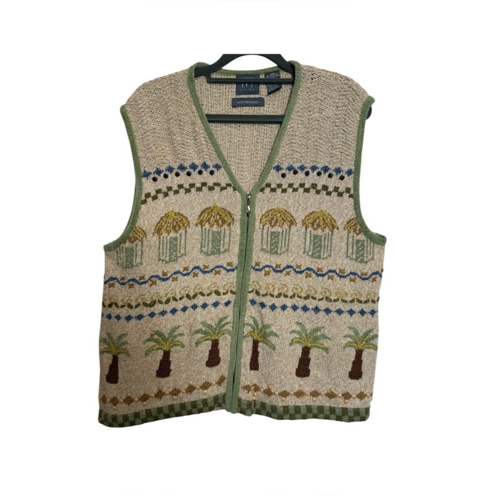 Ivy Living Embroidered Sweater Vest XL Tropical Palm Zip Coastal Resort